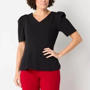 Liz Claiborne Black V-Neck Puff Sleeve Blouse